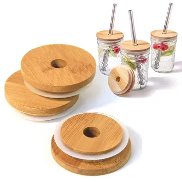 4 Pack 86Mm Wide Mouth Bamboo Mason Jar Lids with Straw Hole