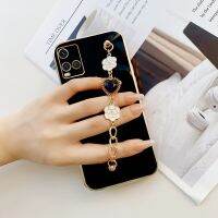 [ใหม่2023] สร้อยข้อมือแห่งความรักสีดำดอกไม้เคสชุบโลหะด้วยไฟฟ้าสำหรับ Vivo Y21 A E G S T Y32 Y22S Y33 T S Y35หรูโซ่พันข้อมือเคสโทรศัพท์สำหรับเด็กผู้หญิง