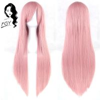 FGY Long Straight Hair with Bangs Synthetic Wig Lady Cosplay Anime Wig 32 Inch Pink Red Blue Purple Gold Brown Black Green Wig