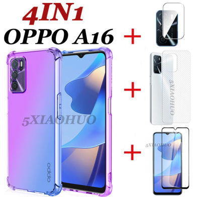 4in1สำหรับ OPPO A16เคสโทรศัพท์ Anti-Fall สีโทรศัพท์มือถือเคสโทรศัพท์ + HD แบบเต็มหน้าจอกระจกเทมเปอร์ฟิล์ม + คาร์บอนไฟเบอร์ฟิล์มด้านหลัง + ฟิล์มเลนส์ OPPO A16เคสโทรศัพท์