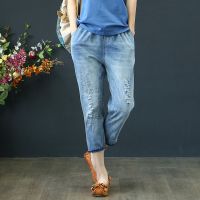 Large  Size Womens M-3XL Jeans Elastic Waist Embroidery Vintage Slim Cropped Denim Pants