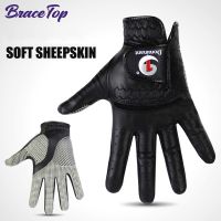 BraceTop 1 Pair Mens Golf Gloves Left Hand Right Hand Soft Breathable Pure Sheepskin with Anti-slip Granules Black Golf Gloves