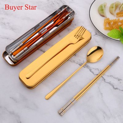 Portable Reusable Stainless Steel Spoon Fork Travel Picnic Chopsticks Tableware Cutlery Set With Carrying Box For Student Office Flatware Sets
