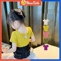 NINAKIDS เสื้อยืดลายโบว์เสื้อคอตตอนสีทึบแขนสั้นสำหรับเด็กผู้หญิงลูกอมหน้าร้อน1-7ปีเสื้อผ้าเด็ก