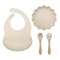 Solid Food Tableware Set For Children Silicon Baby Feed Tray Cartoon Lion Dishes Plates Waterproof Baby Bibs Training Fork Spoon Bowl Fork Spoon Sets