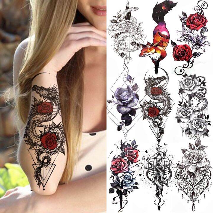 Hbesty】 Dragon With Red Rose Tattoo Sticker Realistic Fox Snake Sword  Geometric Temporary Tattoo For Women Fake Chains Black Tatoo | Lazada Ph