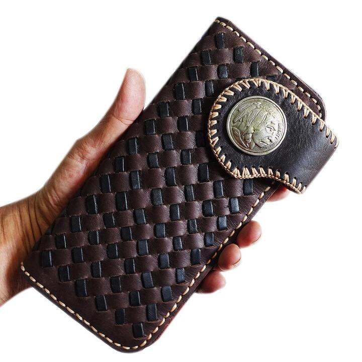 you-link-หนังวัวแท้-ลายสาน-ดูเป็นของย้อนยุค-สวยมาก-เทห์มาก-beautiful-vintage-long-bifold-wallet-celtic-in-brown-and-black-สีน้ำตาลดำ