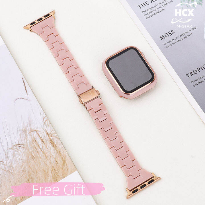 สายเรซิ่น-เคสสำหรับเข้ากันได้กับ-apple-watch-7-6-5-se-สายคล้องคอ-เคสแฟชั่นเอวเล็ก-pc-สีทึบสำหรับ-i-watch-band-45mm-41mm-สายเรซิ่นเทียม