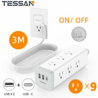 TESSAN 3M Extension Cord Flat Plug Power Strip 1875W/15Awith USB  C Port,  1050J Surge Protector Extension Cord with 9 Outlets 3 USB Ports, 10 Feet Extension Cord with Multiple Outlets, Flat Plug, 1875W/15A, Desk Accessories for Office, Home