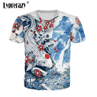 Lyprerazy Men Hip Hop เสื้อยืด Streetwear Retro ตัวอักษรจีนปลาพิมพ์สีขาว Tees ฤดูร้อน Harajuku เสื้อยืดสีฟ้า