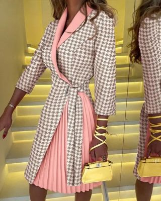 2022 Spring Autumn Women Dress Print Notched Three Quarter A-LINE Belt Elegant Casual Office Lady Knee-Length Pleated Dresses