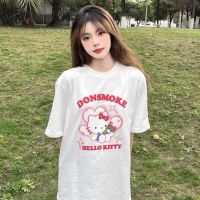 ♣ Hellokitty love เสื้อยืดคู่รักแขนสั้นพิมพ์ลายฤดูร้อนสไตล์เกาหลีเสื้อหลวมอินเทรนด์