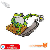 Playful Frog with Snails Embroidered Patch Cartoon Cheaper Badges High Quality Appliques Iron on Accessory for Clothes Stickers