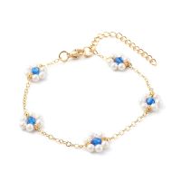 1pc Shell Pearl &amp; Acrylic Beads Flower Link Bracelets with Brass Cable Chains Golden Blue 2mm 7-1/4 inch(18.4cm)