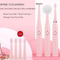 HOKDS Brush Teeth + Wash Face + Facial Massage 3 In 1 Multifunctional Electric Toothbrush USB Ultrasonic Vibrating Electric Toothbrush