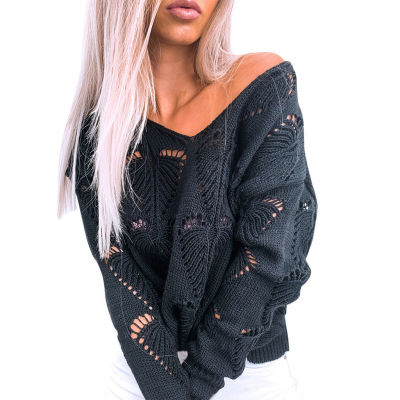 Winter Knitted Sweater Women Pullover Sweater Jumper Stripe V-neck Hollow Out Long Sleeve Sweaters Pull Femme Hiver