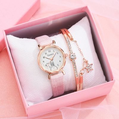 （A Decent035）2PCS Set GaietyWatch For Women RhinestoneWatch Ladies Girl Wristwatch SimpleGift Montre Femme