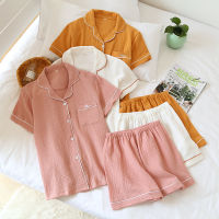 Japanese summer couple pajamas suit cotton crepe ladies solid color simple short-sleeved shirt shorts pajamas mens home service