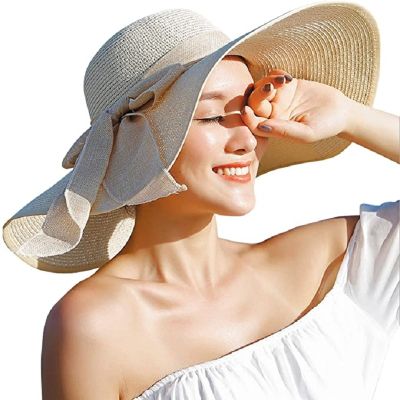[hot]24colors Womens Sun Straw Hat Wide Brim UPF 50 Summer Hat Foldable Roll Up Floppy Beach Hats for Women Big Bowknot