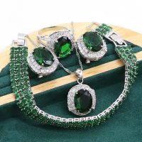 Green Emerald 925 Silver Jewelry set for Women Wedding Party Bracelet Hoop Earrings Necklace pendant Ring Birthday Gift