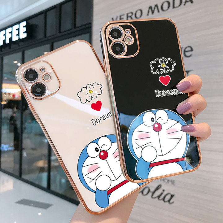 ggk-สำหรับ-oppo-a58-4g-ฟรีสายคล้องน่ารักลายการ์ตูน-doraemn-ขอบสี่เหลี่ยมชุบเคสโทรศัพท์หรูหราชุบเคสโทรศัพท์นิ่ม