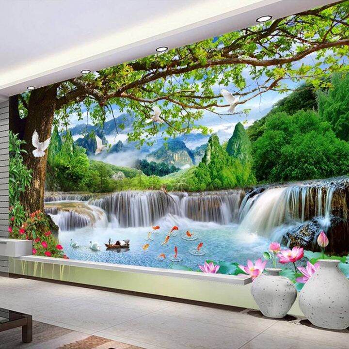 Custom Wall Murals Green Big Tree Forest Waterfall Nature Landscape 3D