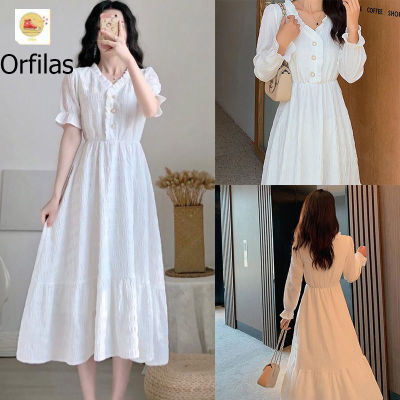 Orfilas💘💘 ชุดเดรสยาวทรงสลิมฟิตแขนสั้นฤดูร้อนสตรีสไตล์เกาหลีสีขาวสง่างามนางฟ้าน้อย กระโปรงยาวสีขาว กระดุมมุก Women Dress