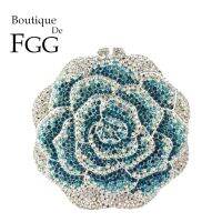 Boutique De FGG สีฟ้าผสมผู้หญิงดอกไม้เย็นกระเป๋าและ Clutches เจ้าสาว Rhinestone กระเป๋าถืองานแต่งงานอาหารค่ำกระเป๋าคลัทช์