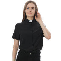 เสื้อเบลาส์ Clergywoman พร้อมแท็บคอปกแขนยาวเสื้อสำหรับบาทหลวง