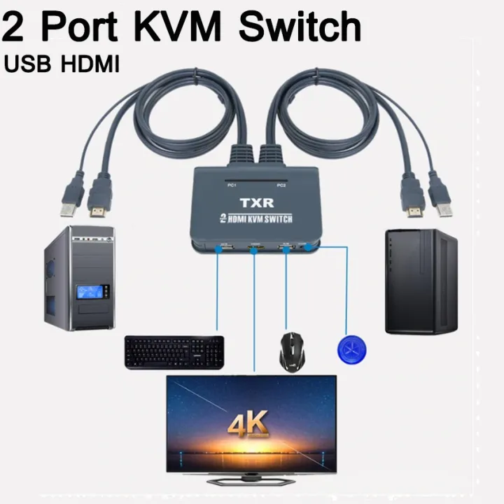2 Port Computer Desktop Controller With Cables Dual Monitor USB HDMI Accessories Button Notebook