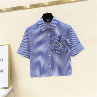 Women Fashion Three-dimensional Flower Patchwork Blouse Single Breasted Short Sleeve Label Shirts 2022 Summer Striped Blusas