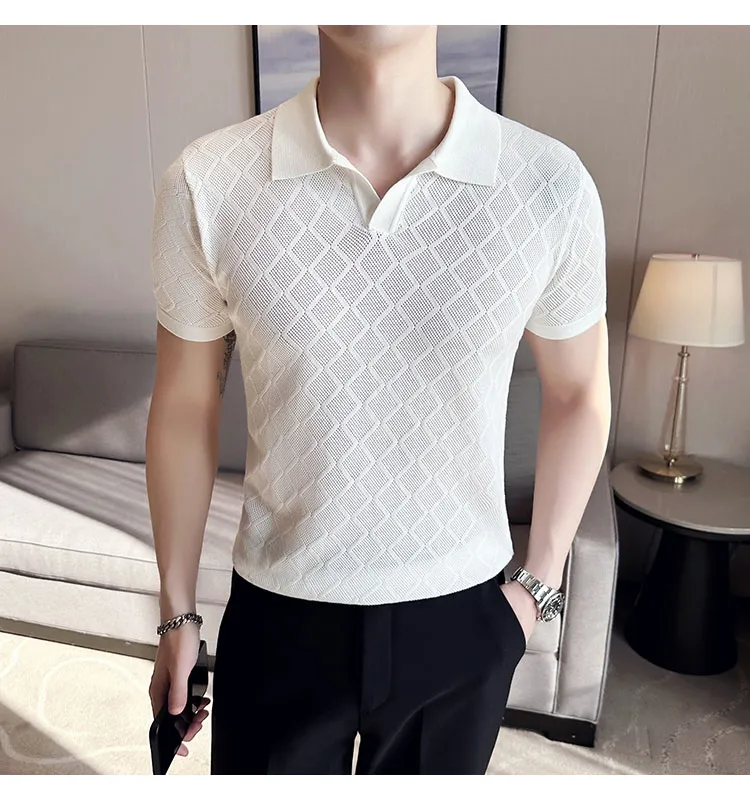 Summer Thin Ice Silk Knitted Polo Shirts Mens Elasticity Mesh