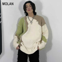 สเวตเตอร์สไตล์ฮาราจูกุ MOLAN เสื้อถักลายหมีสีตัดกัน