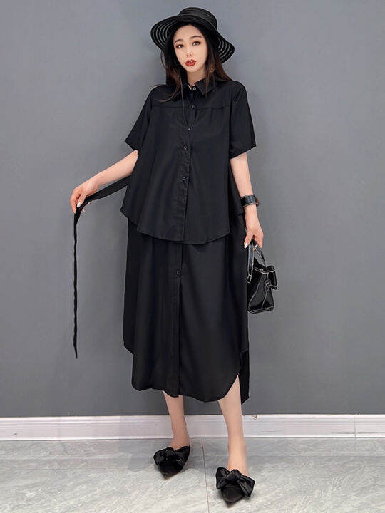 xitao-dress-women-loose-false-two-pieces-shirt-dress