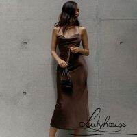 ☼﹍卍 LD-Women Tie-up Backless Dress Adults Solid Color Cowl Neck Cross Strap One-piece (Red Purple Green Brown)