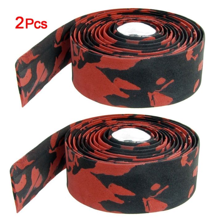 2 Pcs Red Black Handlebar Tape Wrap w Plastic Bar Plugs for Bike