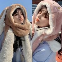 2021Sweet Cartoon Rabbit Ear Hat Cute Winter Gift Windproof Scarf and Gloves Set Cute Winter Thick Hoodies Scarf with Mitten