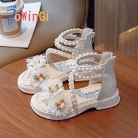 Size 23-36 Girls Princess Sandals Summer Fashion Lace Bow Flat Party Shoes Children Pearl Flower Sandals Soft Sole Baby Shoes