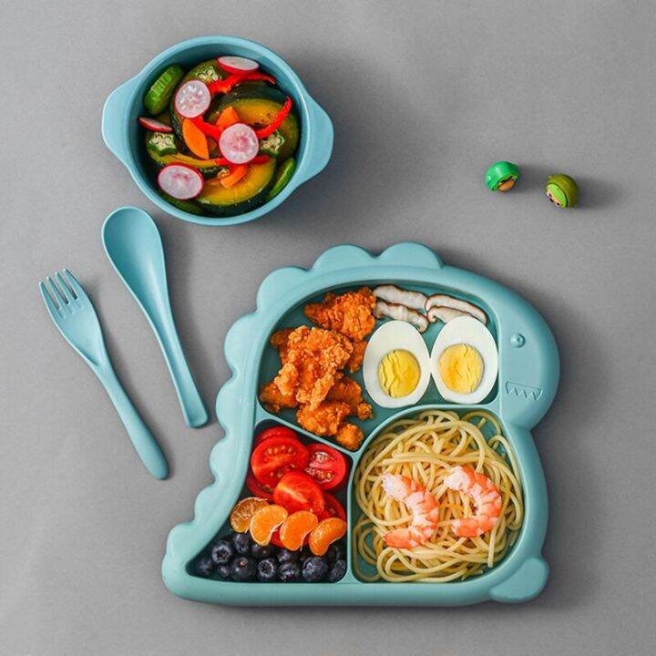 4-pcs-baby-bowls-plates-spoons-forks-food-tableware-set-bpa-free-non-silp-kid-dishes-dinosaur-food-feeding-bowl-for-child