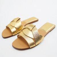 ✕ Women 39;s Flat Slippers Summer 2022 TRAF Gold Woven Flip Flops Slingback Sandals Open Toe Beach Low Heel Slippers Multicolor