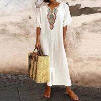 Cotton Linen Dress for Women 2023 Casual Pullover Elegant Midi Dress Summer Short Sleeve Beach Bohemian Long Sexy Skirt Vestido