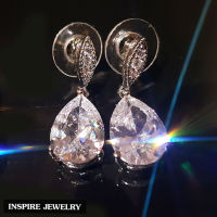 Inspire Jewelry ,ต่างหูเพชรCZ  งานจิวเวลลี่หรู ตัวเรือนหุ้มทองคำขาว สวยหรู (สำหรับคนแพ้ง่าย) ขนาด 1 x  2.5 CM พร้อมกล่องกำมะหยี่