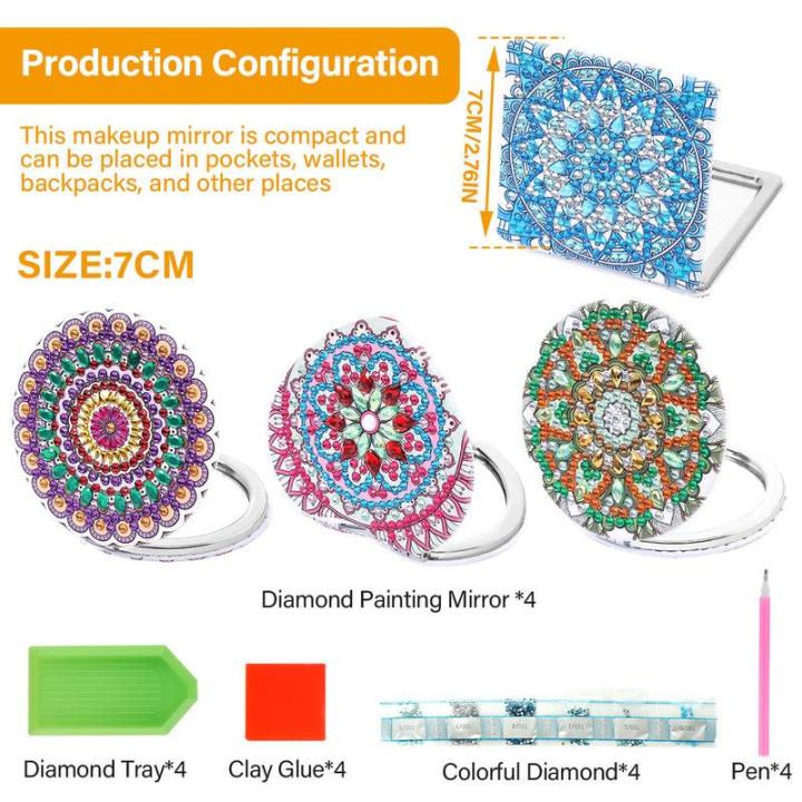 กระจกพกพาภาพวาดเพชรสำหรับผู้หญิง4ชิ้นชุดกระจกพกพาภาพวาดเพชรกระจกขนาดเล็ก-diy-พร้อมกระจกขนาดเล็กศิลปะเคสโทรศัพท์วาดลวดลายภาพวาดเพชรเพชรสำหรับเด็กผู้หญิง