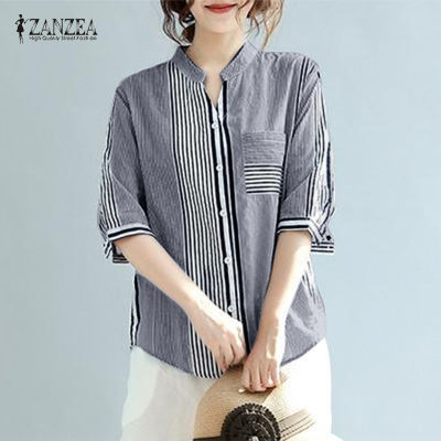 (สินค้ามาใหม่)(จัดส่งฟรี)Fancystyle ZANZEA เสื้อลายขวางแฟชั่นแบบสุ่มทรงหลวมเสื้อคอวีแขน3/4 #8