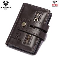 HUMERPAUL Slim Wallet with Coin Compartment RFID Protection Men Genuine Leather Card Holder Business Aluminum Smart Walets Card Holders