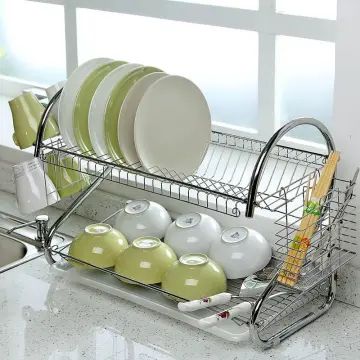 Dish Drying Rack Rustproof Organizer with Drain Board Holder Dish Drainer  Double Dual Layers Drip Tray Cups Bowls Holder