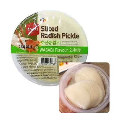 หัวไชเท้าดองสไลด์ รสวาซาบิ เครื่องเคียงเกาหลี cj sliced radish pickle wasabi 320g 하선정 쌈무 와사비맛