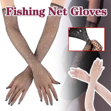 1pair Women Fishnet Long Gloves With Rhinestone, Mesh Arm Sleeve