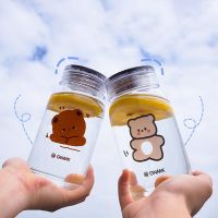 450ml Cute Cartoon Bear Glass Water Bottle Thick Heat Resistance Drinking Milk Coffee Tumblers Transparent Drinkware Supplies