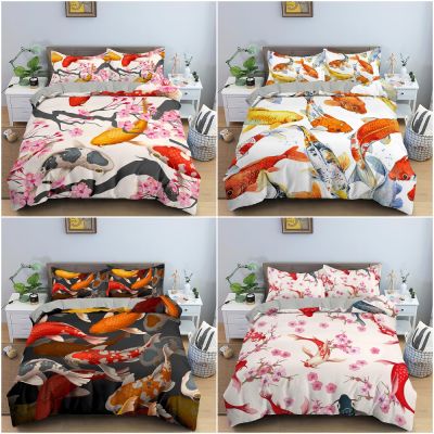 3D Koi Carps Printed 23Pcs Bedding Set Red Golden Lucky Fish Pattern Duvet Cover Pillowcase Home Textile Quilt Cover Queen King
